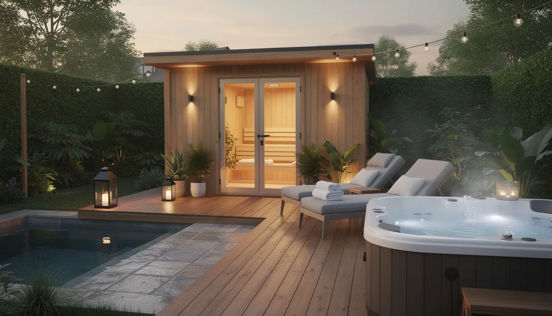 The image depicts a serene backyard wellness retreat featuring an outdoor sauna surrounded by fragrant plants and trees, along with a small deck and comfortable seating for relaxation.