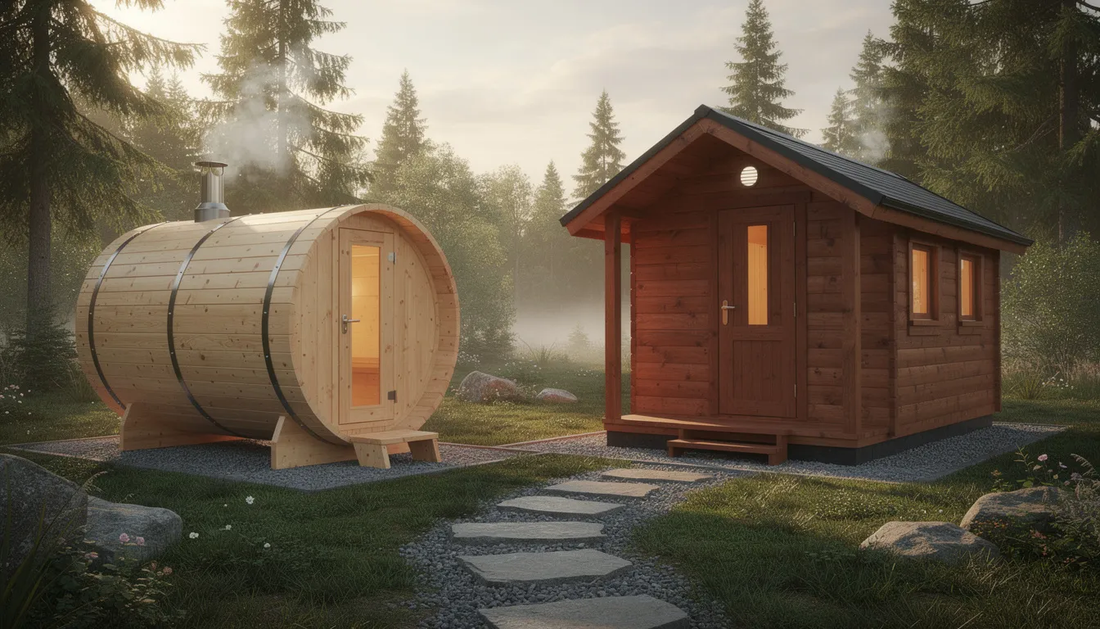 The image compares barrel saunas and cabin saunas, showcasing their unique designs