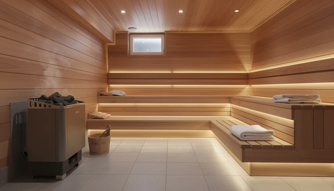 The image depicts a beautifully designed basement sauna, featuring warm wooden benches and ambient LED strip lights that enhance the relaxation experience.