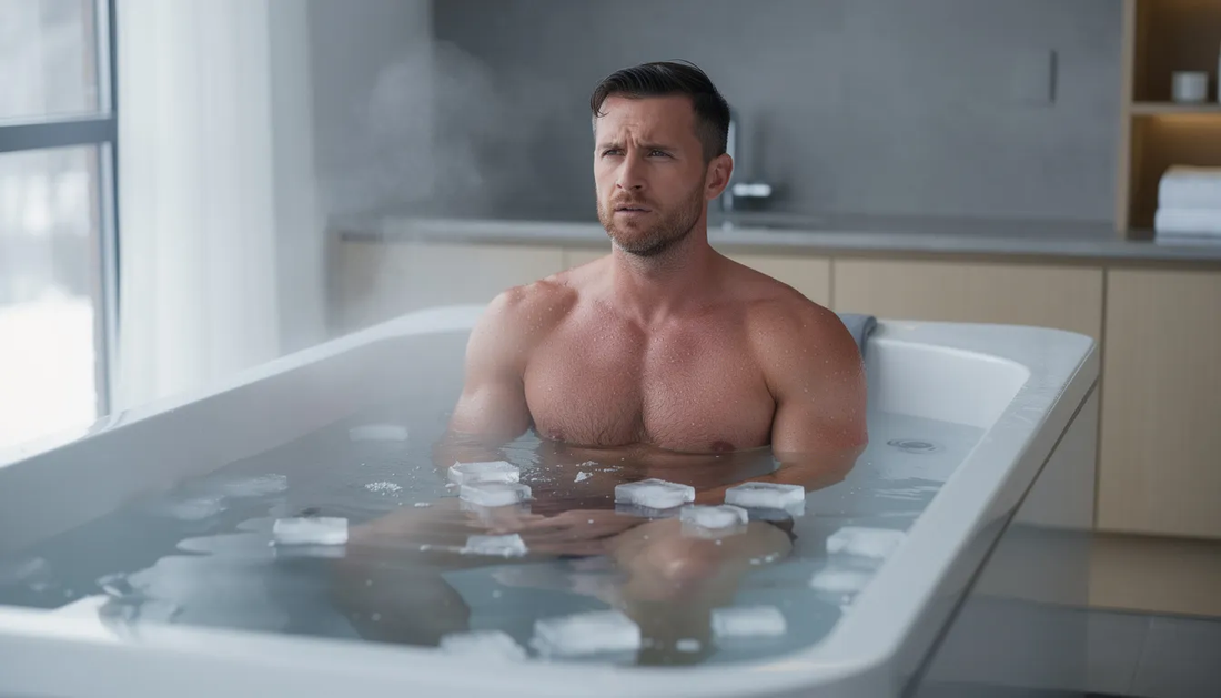 A man sits chest-deep in very cold water inside a cold plunge tub, experiencing the initial shock of cold water immersion.