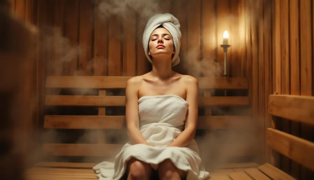 The image depicts a serene sauna environment