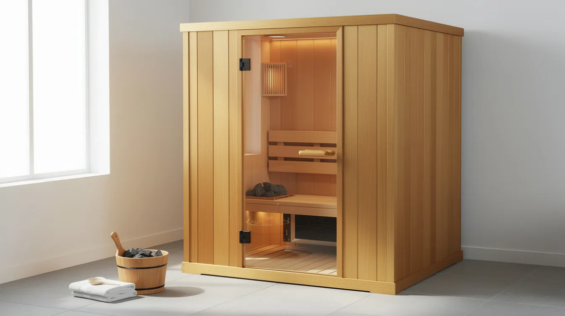 The image features a beautifully designed cedar sauna for home use, showcasing its classic barrel design made from western red cedar, which offers natural moisture resistance and efficient heating.
