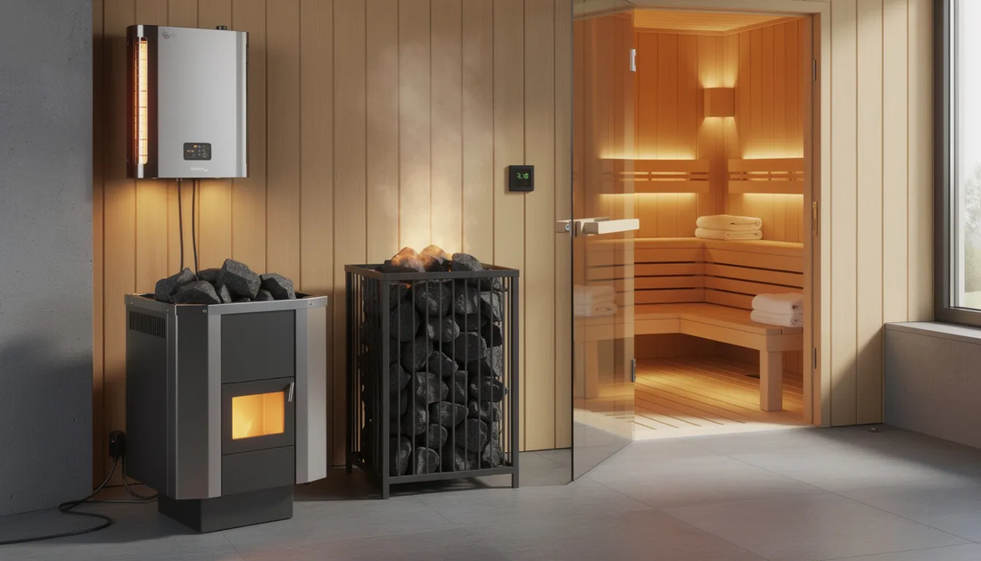 The image depicts a selection of various sauna heaters, including electric sauna heaters and wood burning options, arranged neatly in a warm, inviting environment.
