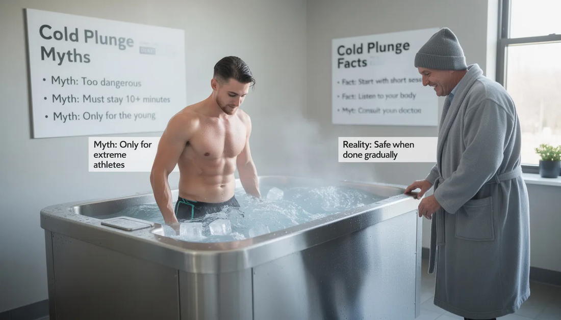 The image depicts a serene setting featuring a cold plunge tub surrounded by natural elements, emphasizing the concept of cold therapy