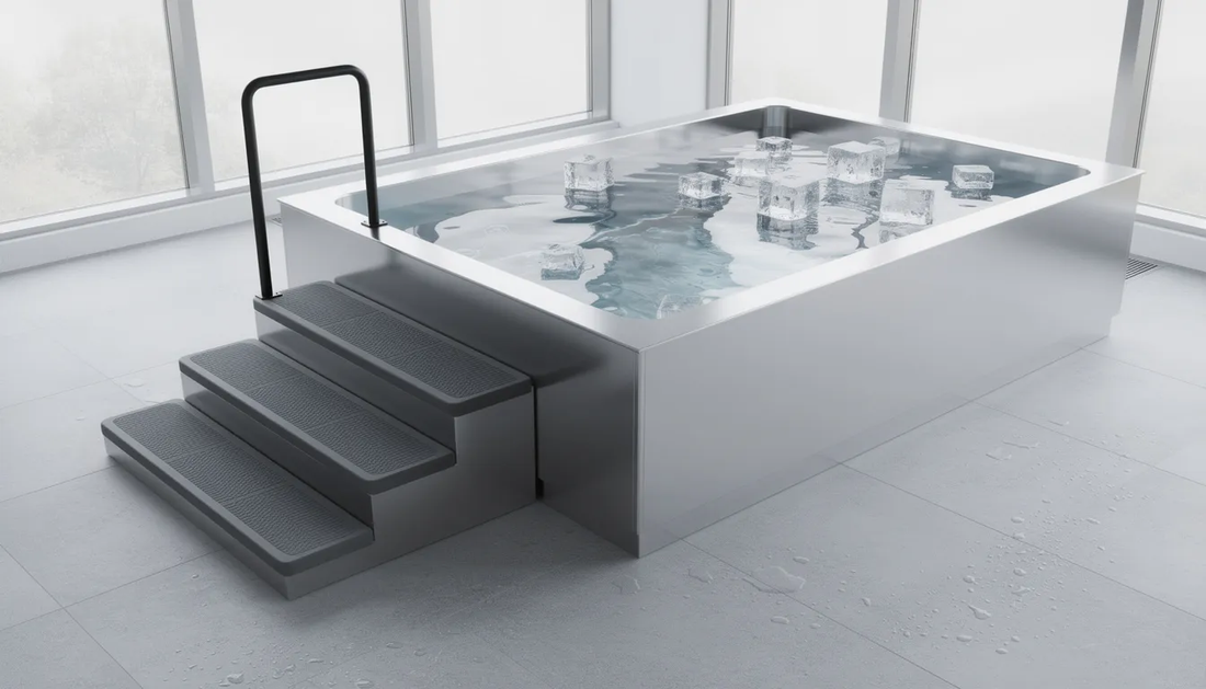 The image shows a set of cold plunge steps leading into a cold plunge tub, designed for easy access and safety during cold water immersion.