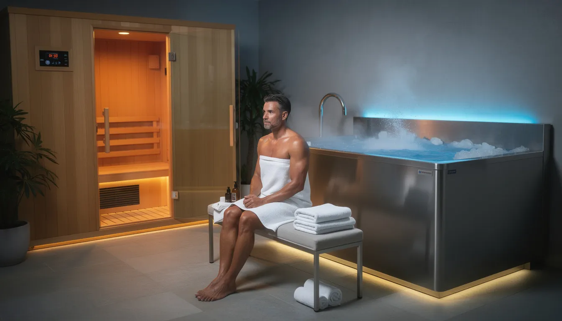 The image depicts a man participating in contrast therapy, alternating between hot and cold baths to promote muscle recovery and alleviate soreness after exercise.