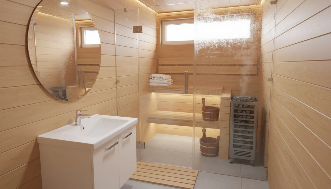 s The image depicts a small bathroom transformed into an indoor sauna, featuring sleek wooden benchemade of high-quality cedar and a modern electric heater.