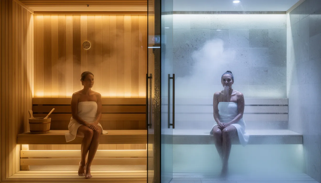 The image contrasts a dry sauna and a wet sauna, showcasing the distinct environments of each