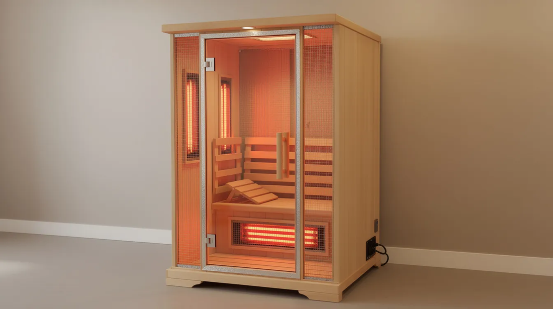 The image depicts a modern EMF shielding sauna designed for residential use, featuring sleek walls and infrared heaters that provide therapeutic heat. 