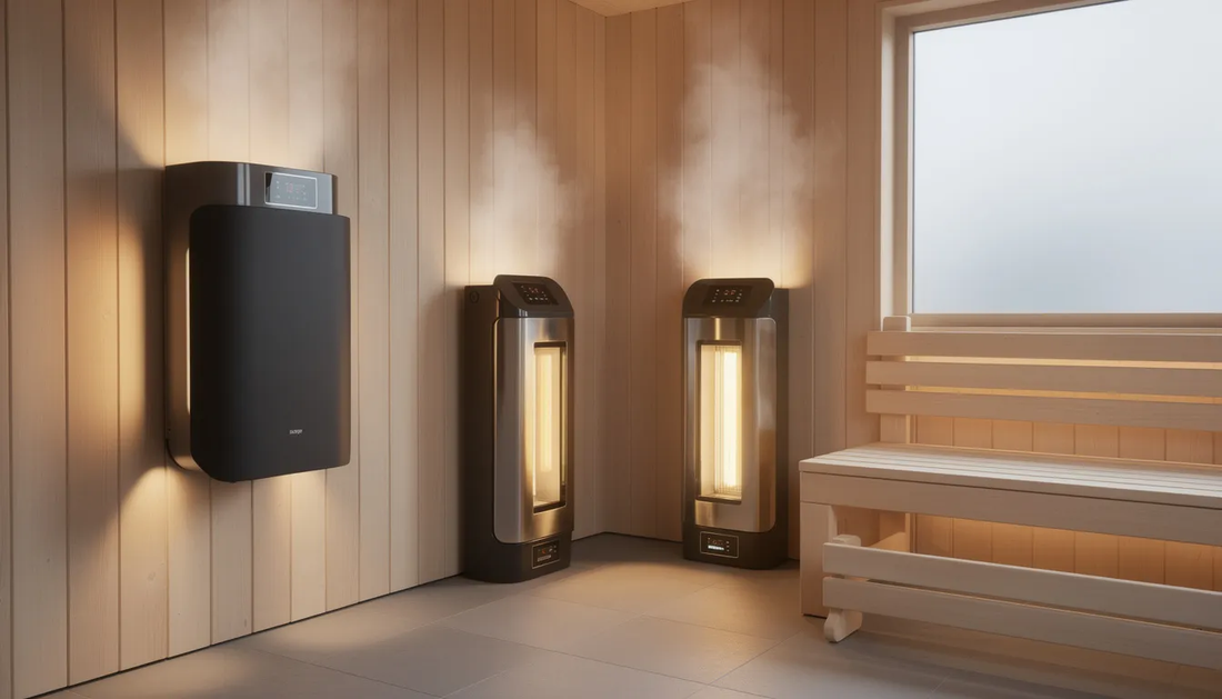 The image showcases various energy-efficient electric sauna heaters, including wall-mounted and floor models, designed for optimal heating in a sauna space.