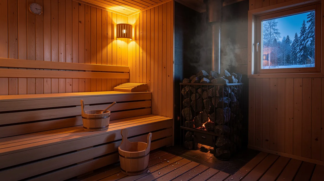 The image depicts a traditional Finnish sauna building, showcasing a cozy wooden structure with a smoke sauna design, complete with a wood stove and stones for heating.