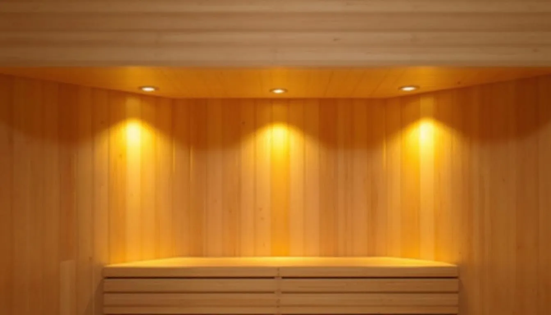 The image showcases a serene sauna room illuminated with soft, warm sauna lighting, featuring indirect illumination from LED strip lights