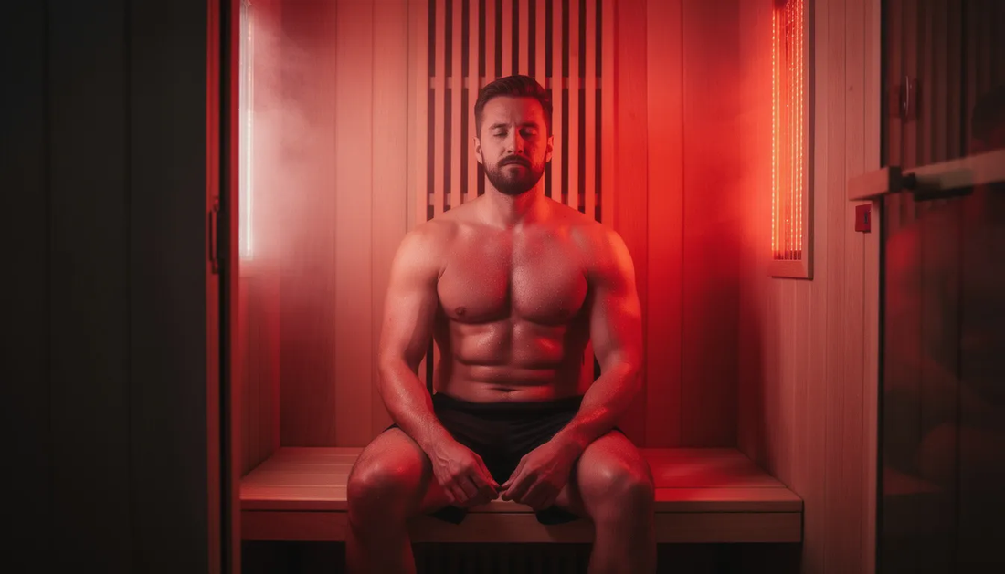 A man is sitting inside a red light therapy sauna, surrounded by glowing infrared panels that emit near-infrared light. 