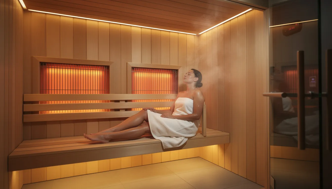A person is seen relaxing inside a modern wooden infrared sauna, surrounded by warm ambient lighting that enhances the soothing atmosphere.