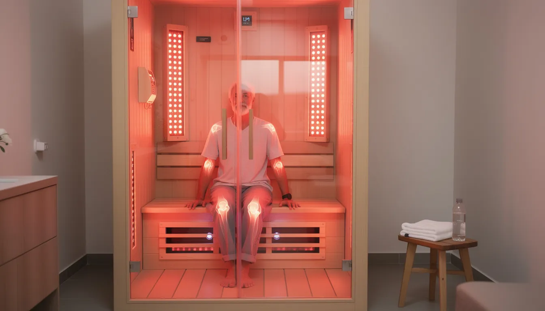 The image depicts a sleek red light therapy sauna designed for joint pain and inflammation relief