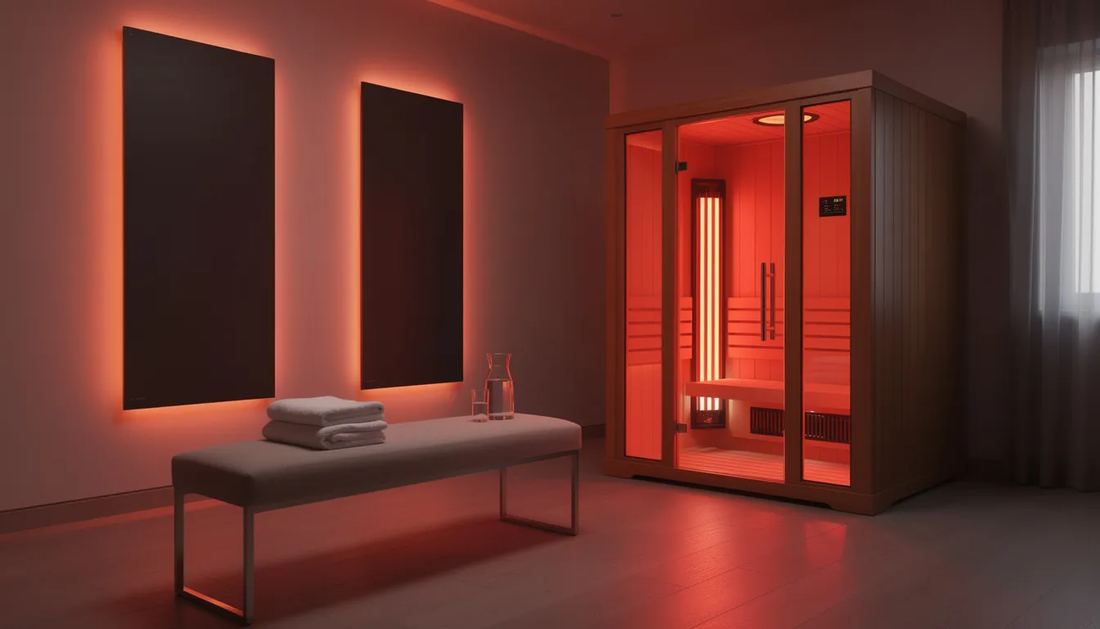 The image depicts a modern red light therapy sauna designed for infrared heat sessions, featuring a sleek interior with glowing red and near infrared lights.