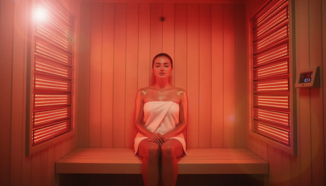 The image features a woman enjoying a red light therapy sauna session, surrounded by soothing infrared heat that promotes skin rejuvenation and hormonal balance.