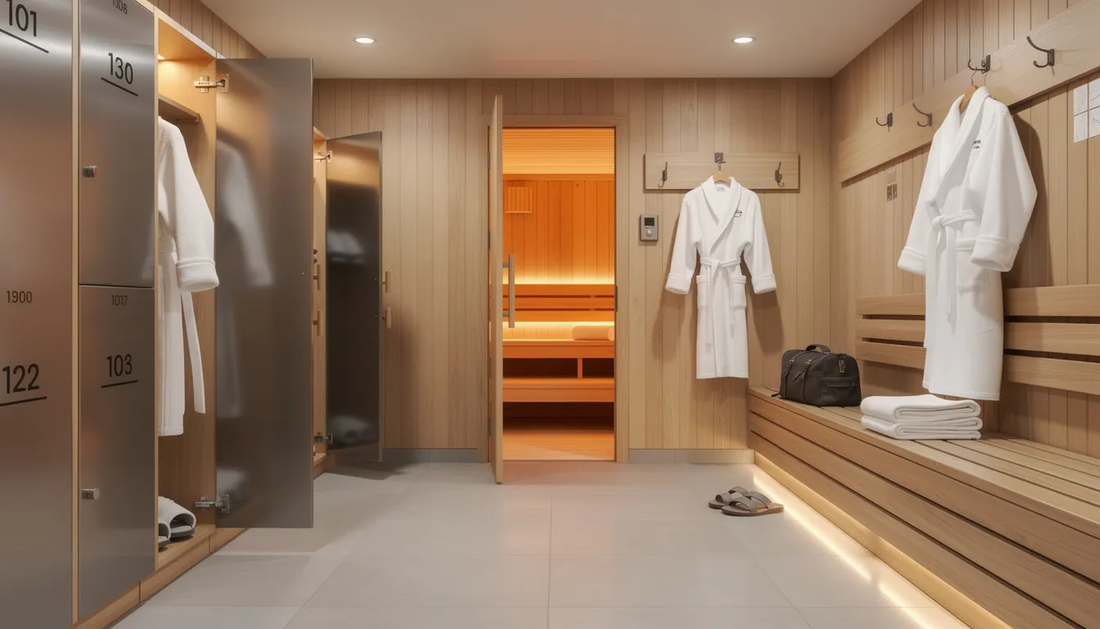 The image depicts a sauna changing area designed for comfort and functionality, featuring spacious dressing rooms with wooden benches, hooks for towels and clothes, and a warm atmosphere typical of most saunas.