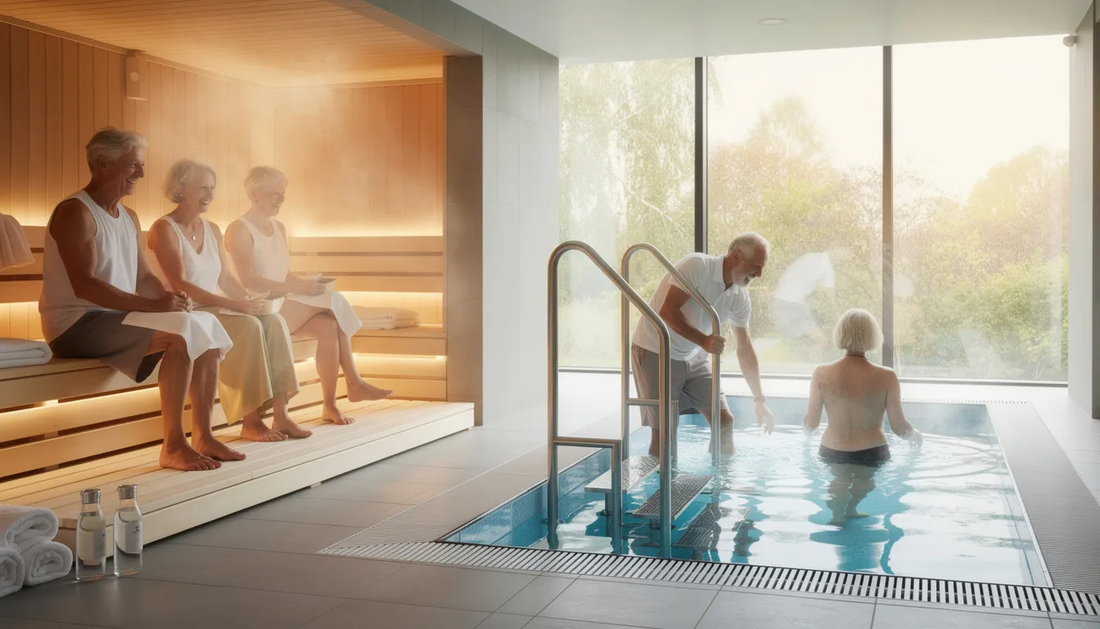 The image depicts a serene sauna setting designed for seniors aged 60 and above