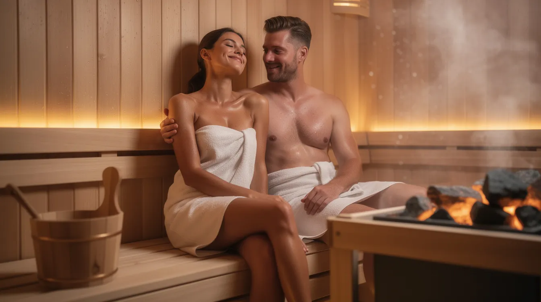 A couple is enjoying a relaxing sauna session together, surrounded by warm, inviting wooden interiors that create a cozy atmosphere. 