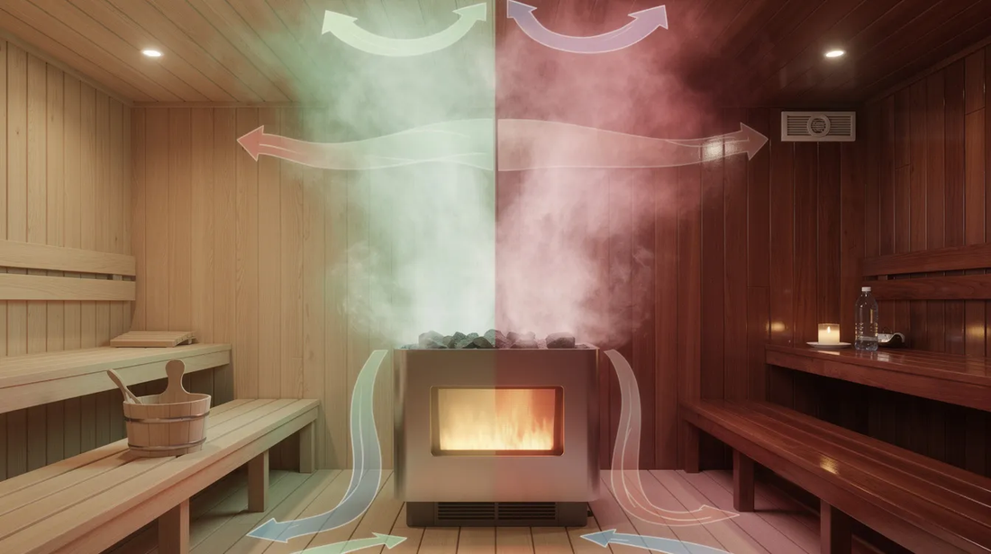 The image depicts a serene sauna environment, showcasing an infrared sauna with proper ventilation.