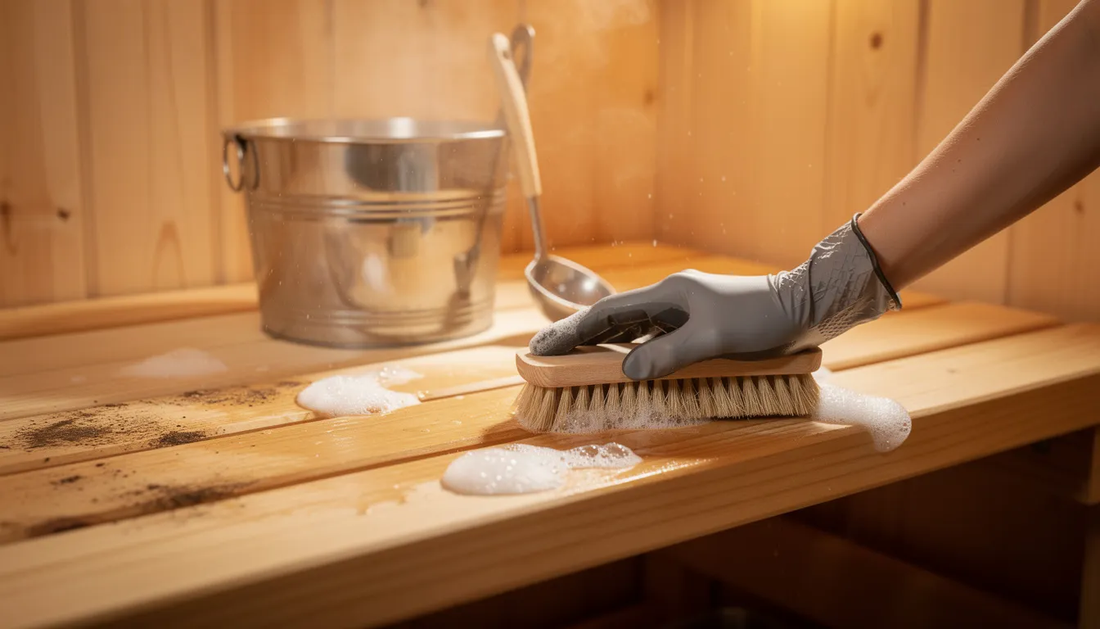 The image depicts a person performing sauna wood cleaning, focusing on the maintenance of sauna benches and walls made of cedar.