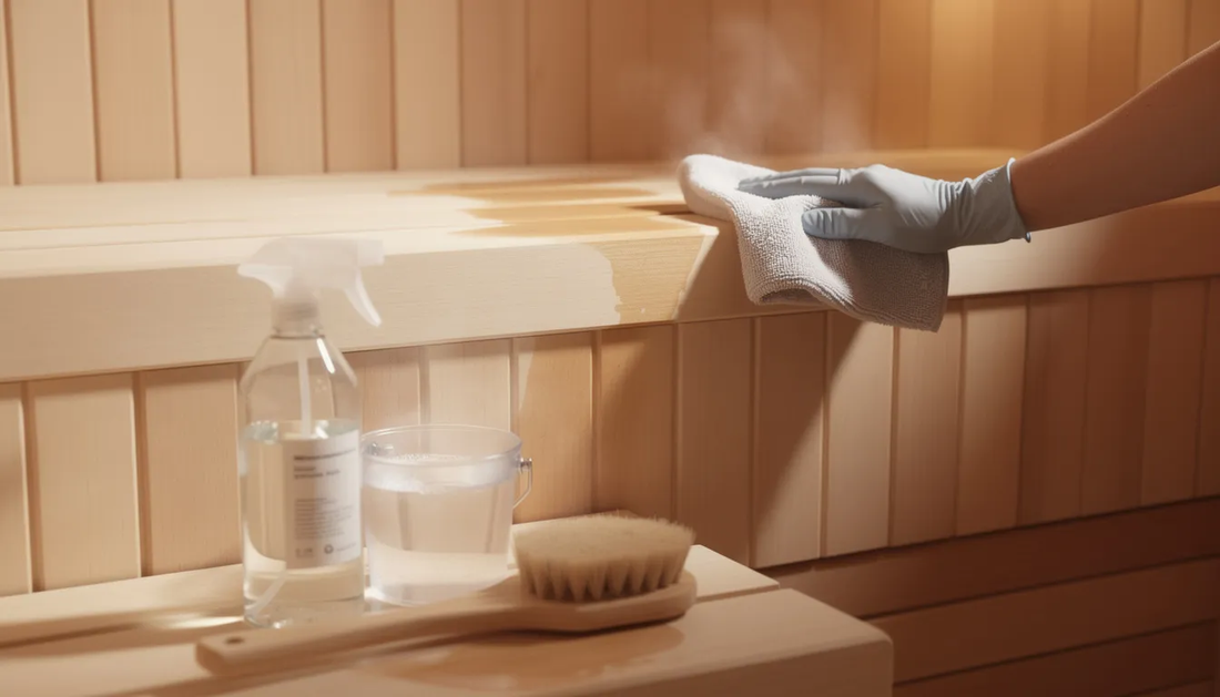 The image depicts a well-maintained sauna space featuring cedar wood surfaces,