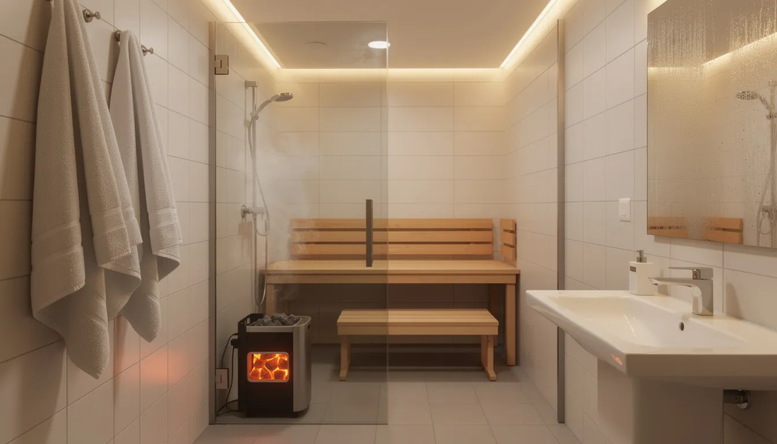 The image depicts a compact sauna room integrated within a modern small bathroom, featuring sleek benches and a stylish layout that promotes relaxation.