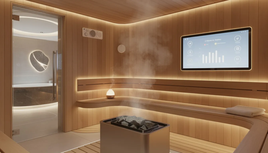 The image depicts a modern wooden smart sauna cabin, designed for two people, featuring infrared heaters and a control panel for adjusting the desired temperature.