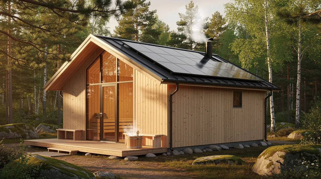 The image depicts a modern solar-powered home sauna surrounded by greenery, featuring solar panels on the roof that harness solar energy for efficient heating. 
