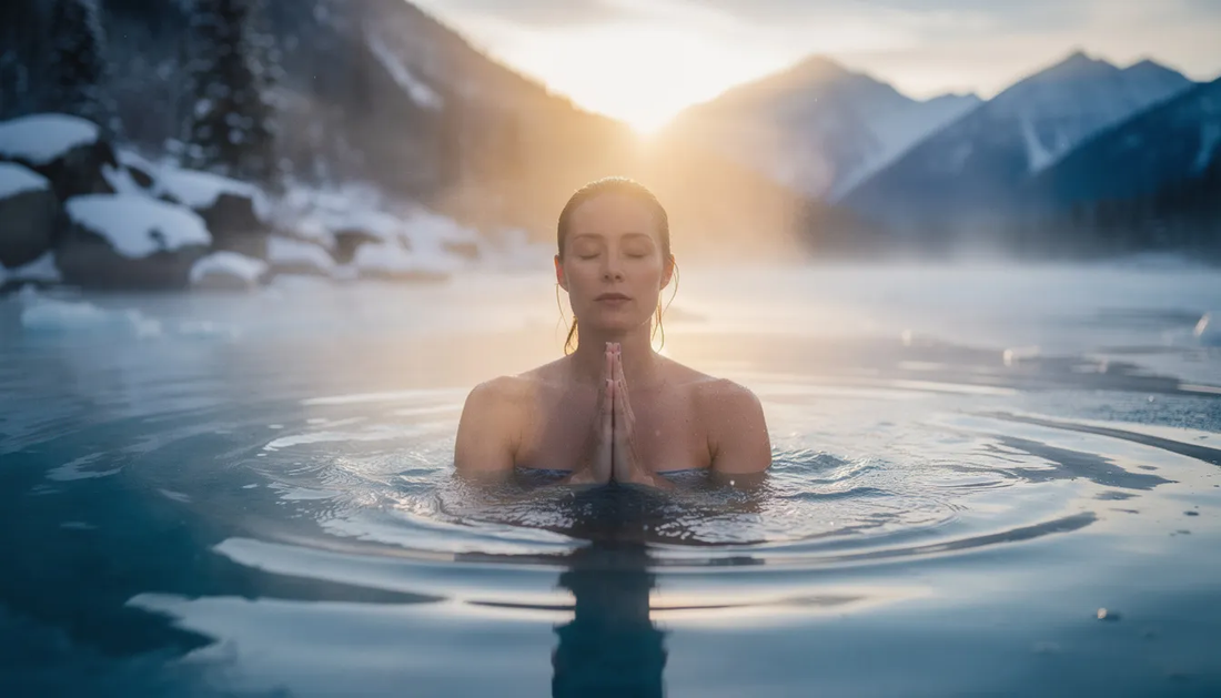 the image shows a lady taking a cold plunge for spiritual benefits