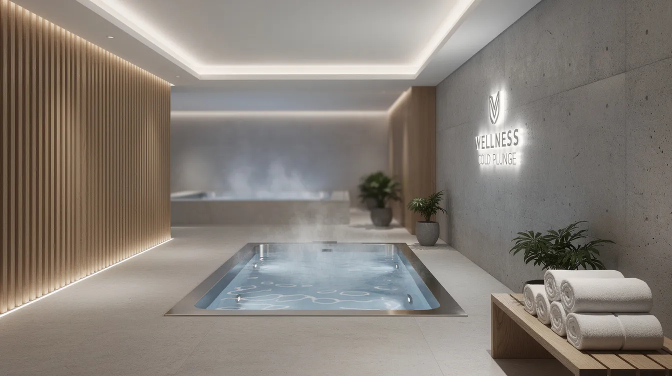 The image depicts a modern wellness center cold plunge area featuring a sleek cold plunge tub filled with icy water, designed for cold therapy and recovery.