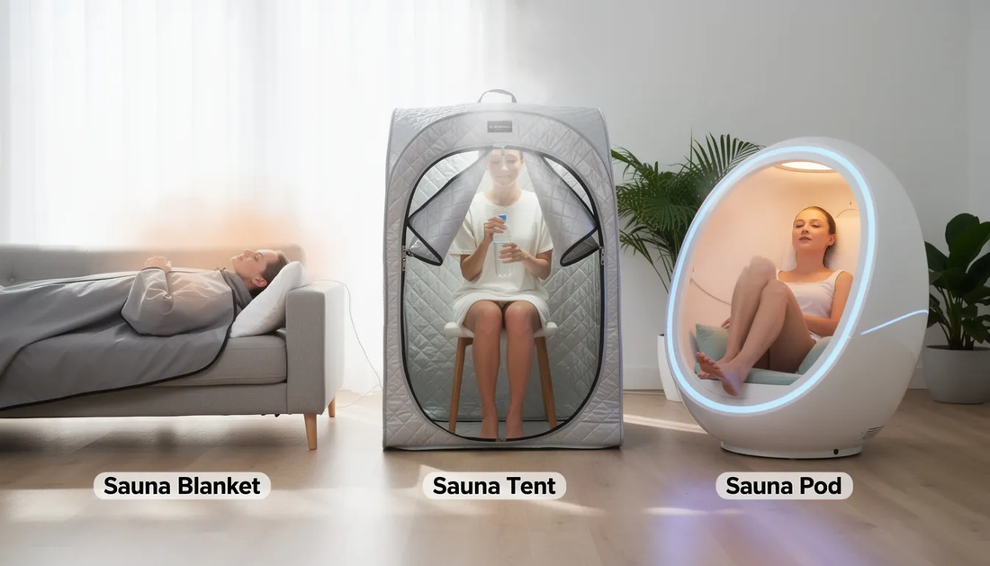 The image compares three types of portable saunas: blankets, tents, and pods, highlighting their unique features and benefits for skin health.