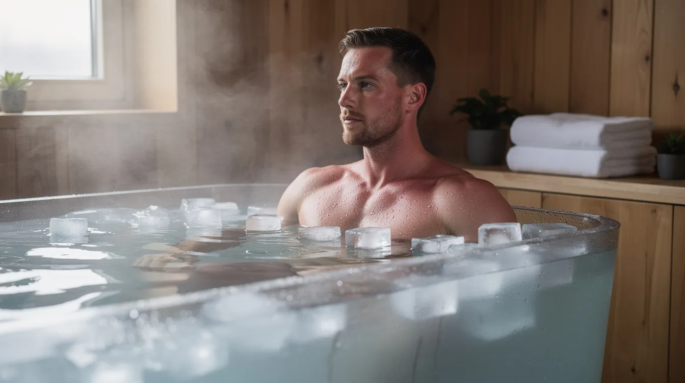 A man in a home cold plunge is immersed in extremely cold water,