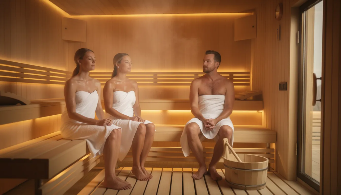 A group of friends and loved ones sits together in a communal sauna, enveloped in the intense heat and silence, promoting relaxation and deeper connections