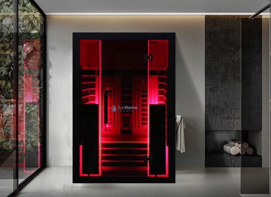 Sun Home Eclipse sauna lit with integrated red light therapy