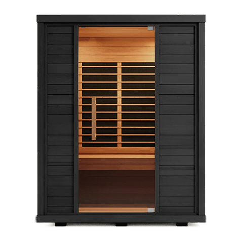 Front product shot of the Sun Home Equinox 2-Person Infrared Sauna, black exterior with full glass door and cedar bench visible
