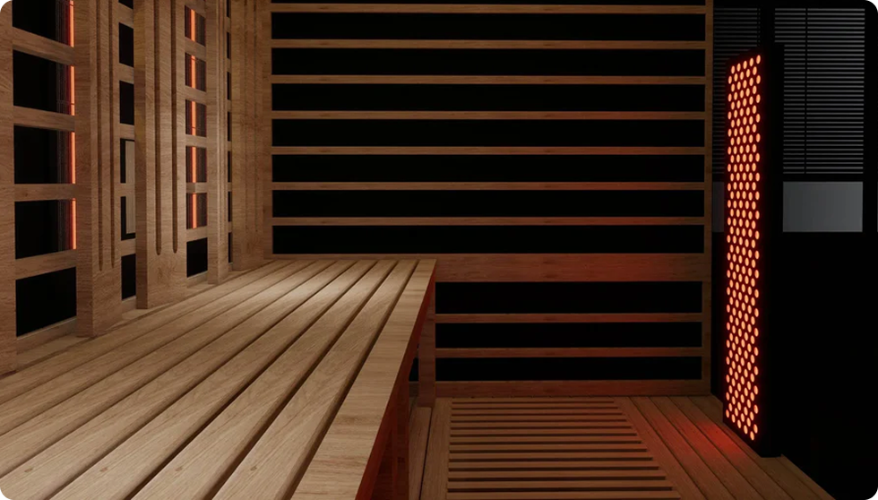 Sun Home infrared sauna interior with hand-finished wood benches, slatted walls, and glowing infrared heater panels