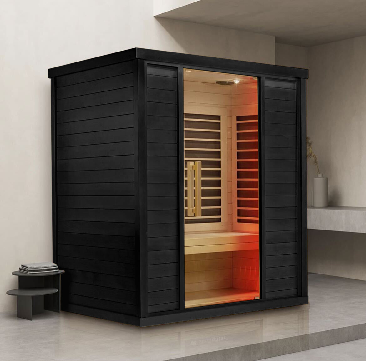 Sun Home Equinox full-spectrum infrared sauna in a modern indoor room with warm interior glow