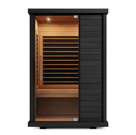 Sun Home Solstice 2-Person Infrared Sauna interior detail with red cedar bench, infrared heater panel, and black side wall