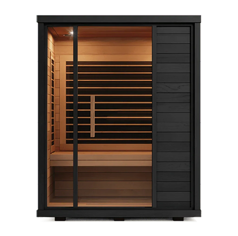 Front studio view of the Solstice 3-Person Infrared Sauna with glass door, cedar interior and far-infrared panels on white background