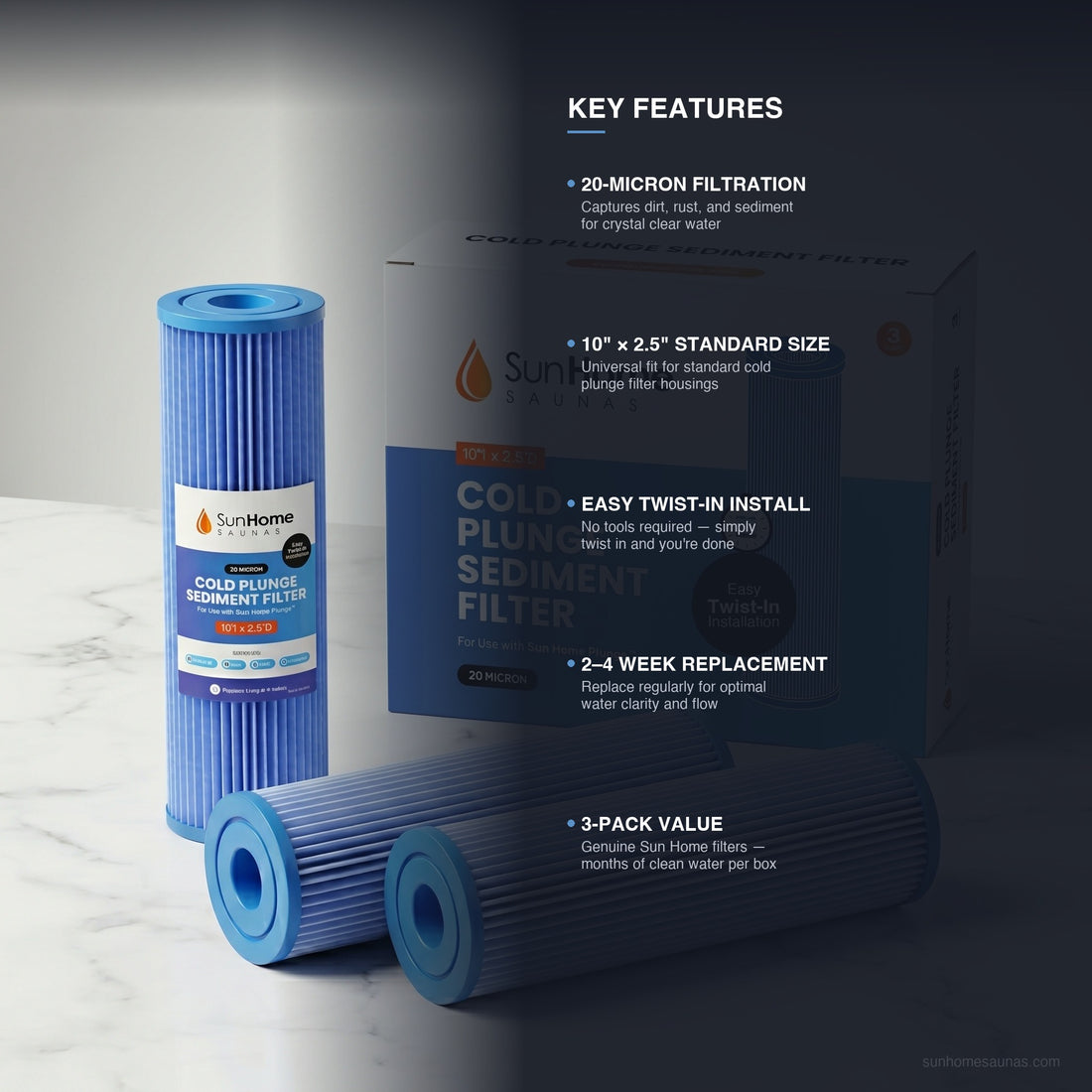 Cold Plunge Filter key features: 20-micron filtration, 10 x 2.5 inch standard size, easy twist-in installation, 2-4 week replacement cycle