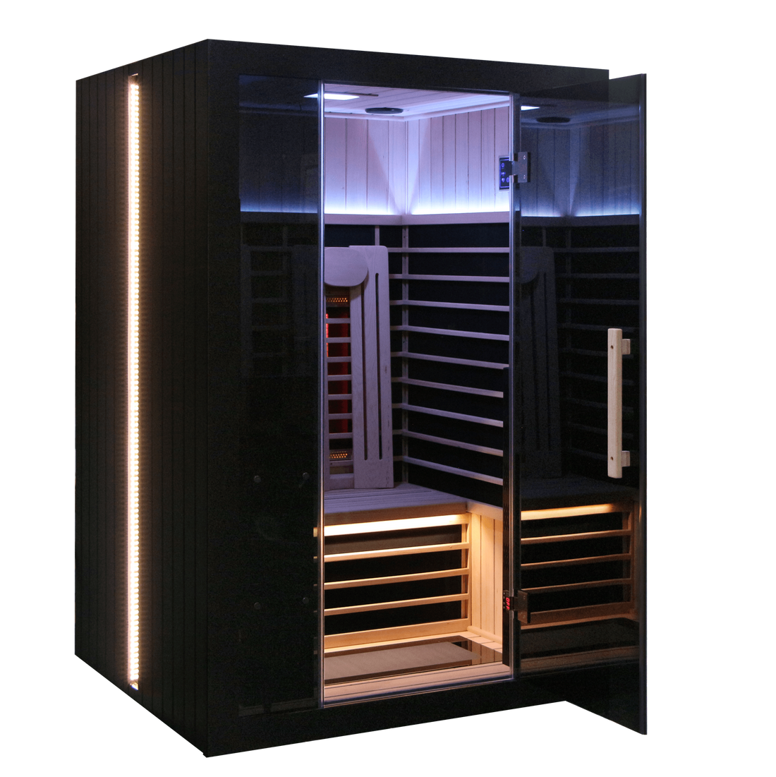 Sun Home Eclipse 2-person red light infrared sauna, corner view with open glass door, blue-lit overhead interior and red heaters