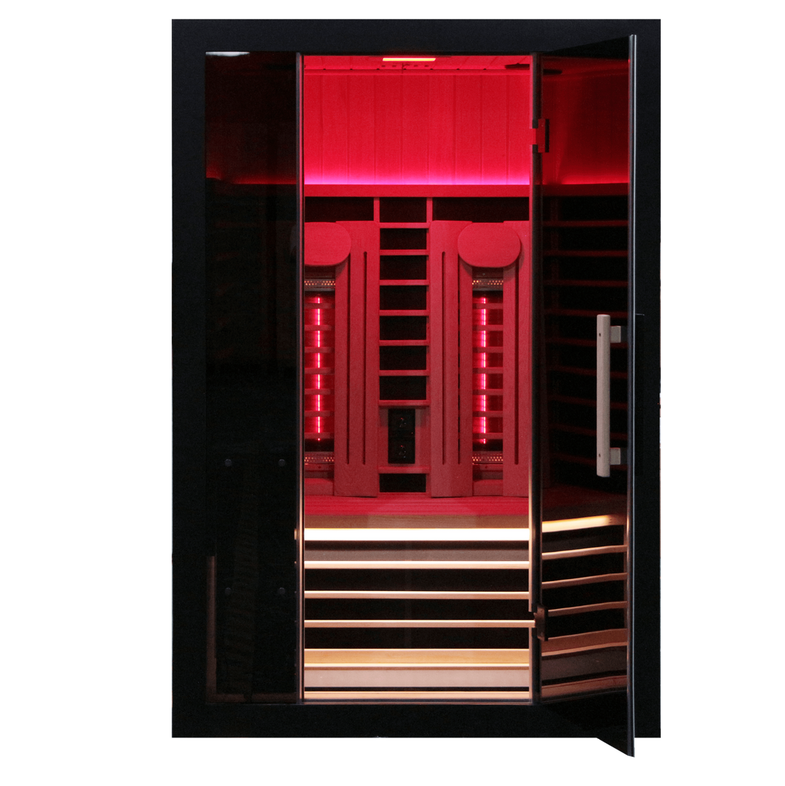 Sun Home Eclipse 2-person red light infrared sauna, front view with open door and interior bathed in red light