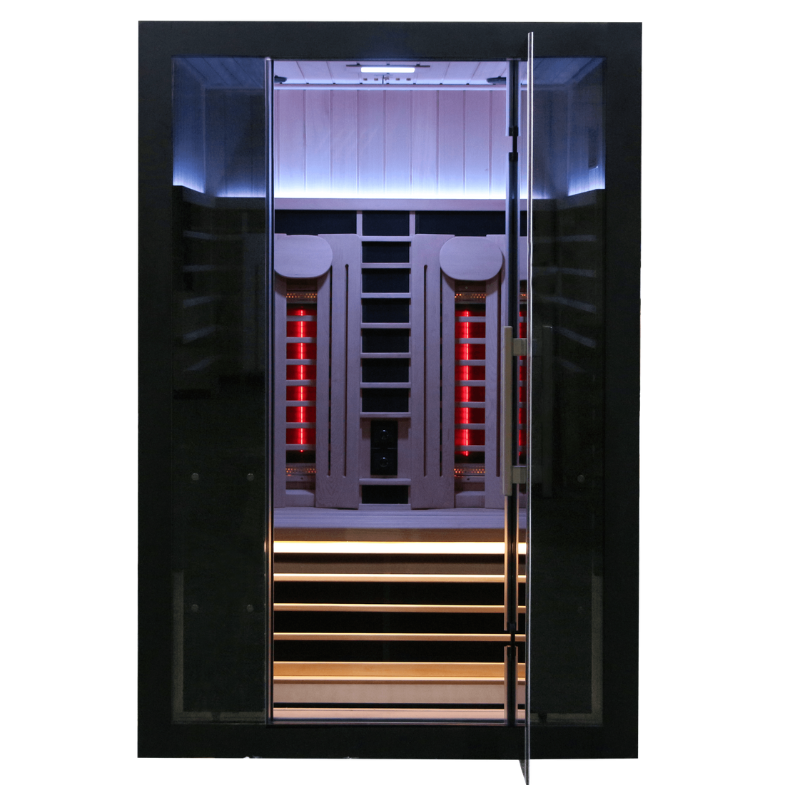 Sun Home Eclipse 2-person red light infrared sauna, front view showing blue overhead glow and two red heater panels