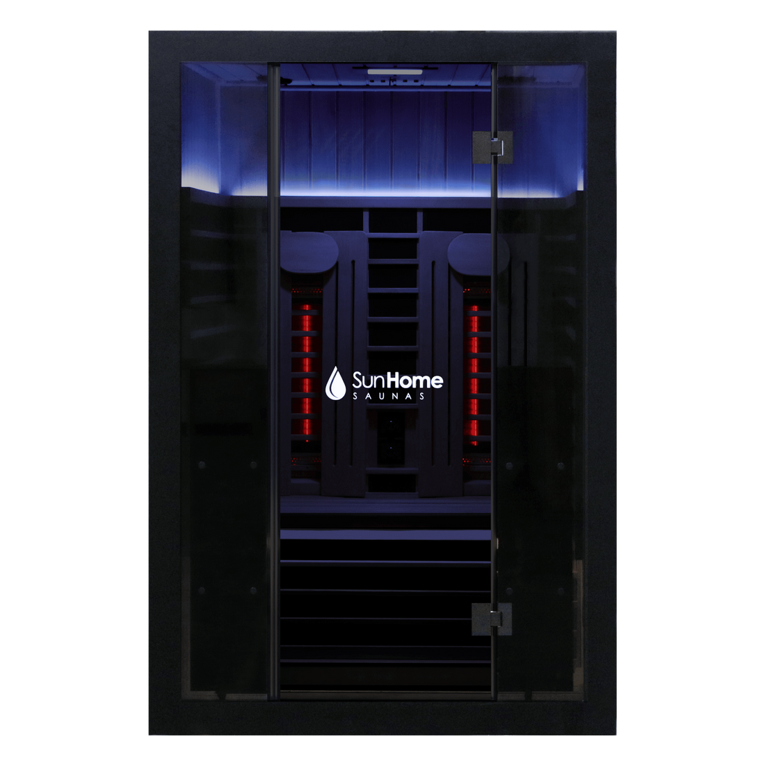 Sun Home Eclipse 2-person red light infrared sauna, closed glass front door with Sun Home logo and blue-lit interior