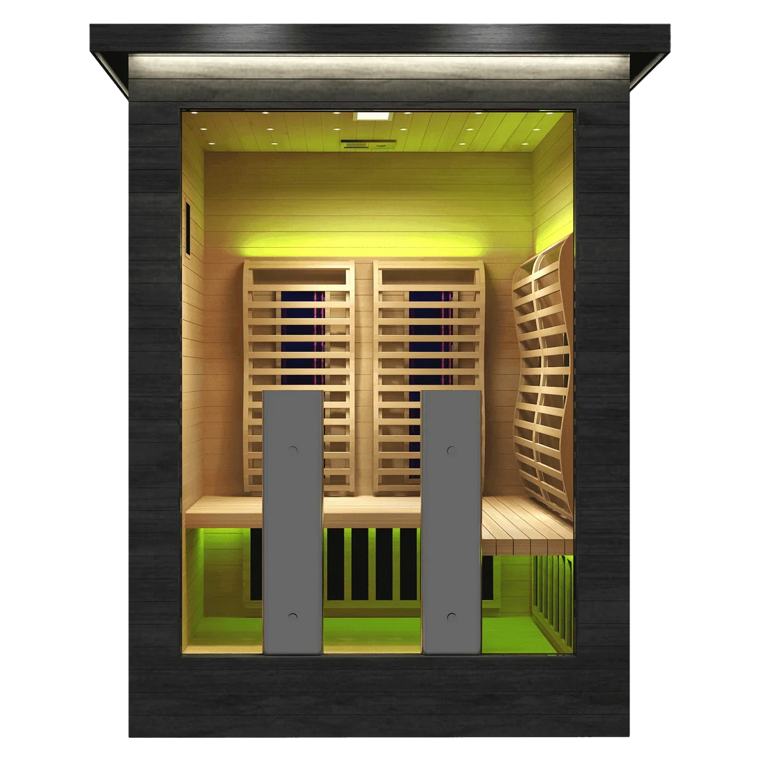 Front render of the Sun Home Luminar 2-person full-spectrum infrared sauna showing twin full-spectrum panels and green chromotherapy lighting