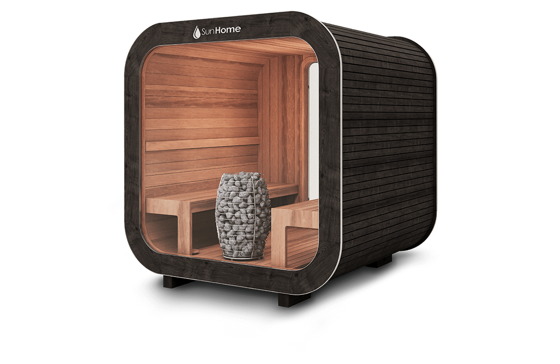Sun Home Solaris Medium traditional sauna, black exterior and natural cedar interior with rock heater, side view