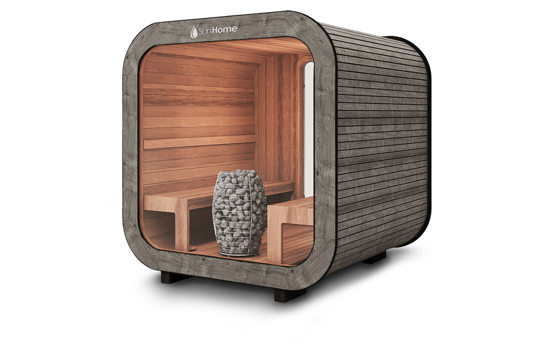 Sun Home Solaris Medium traditional sauna, black exterior, natural interior and black hardware, side view