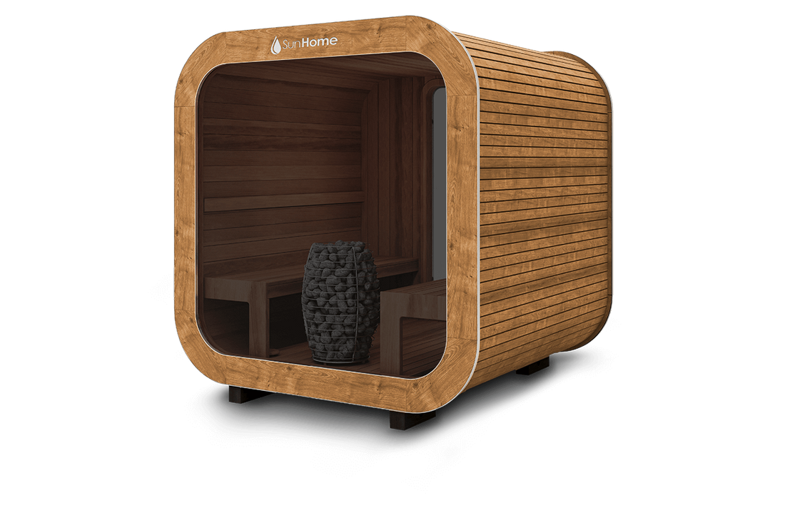 Sun Home Solaris Medium traditional sauna, natural exterior, dark interior and black hardware, side view